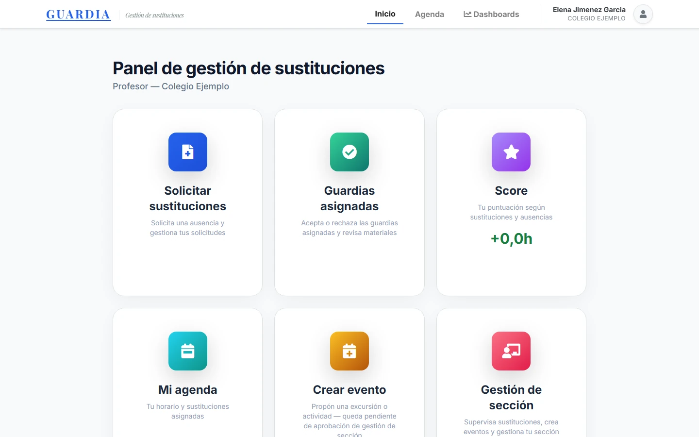 Panel de Guardia: solicitar sustituciones, guardias asignadas, puntuación, agenda, crear evento y gestión de sección