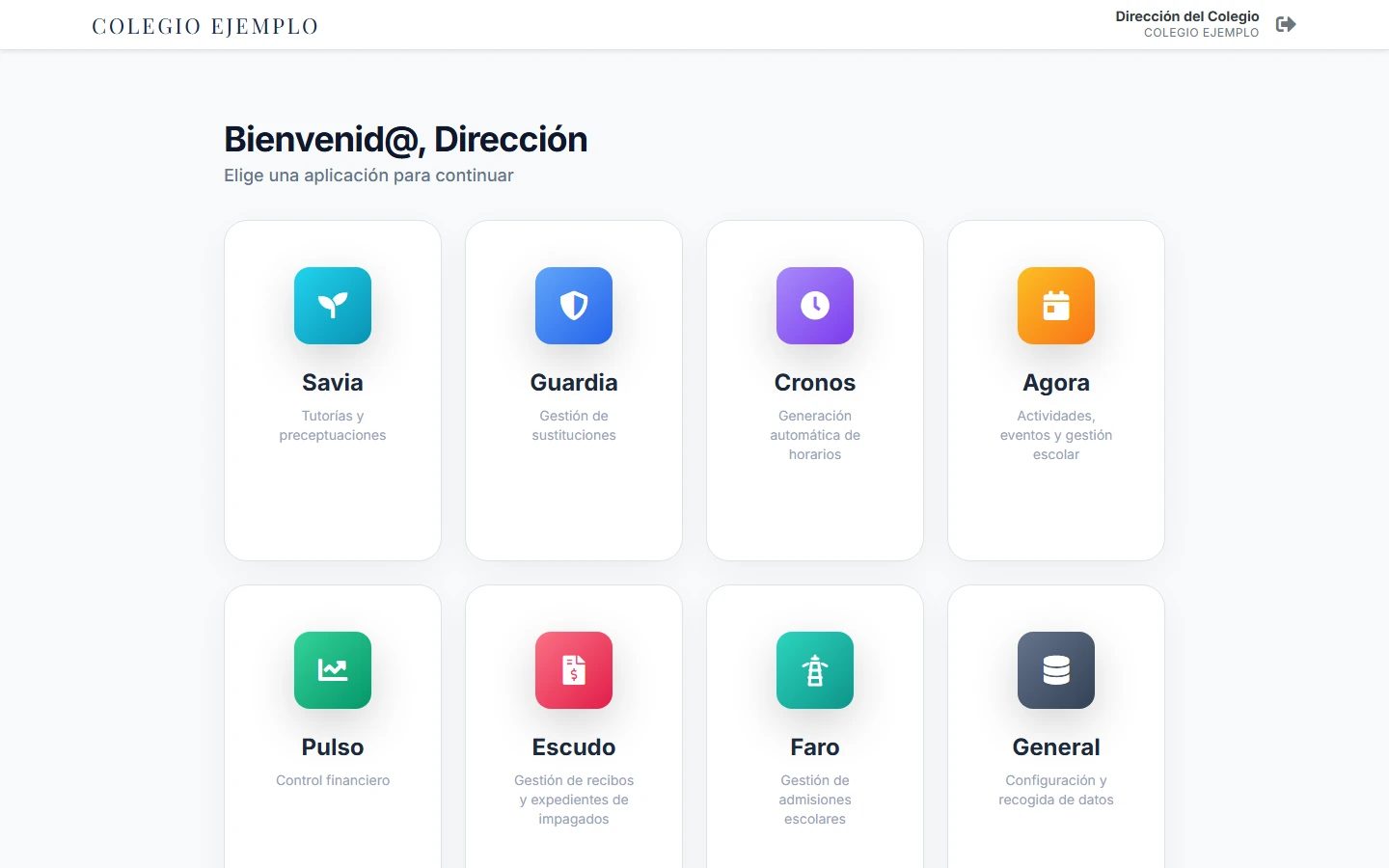 Portal con acceso único a las aplicaciones del colegio, una tarjeta por aplicación